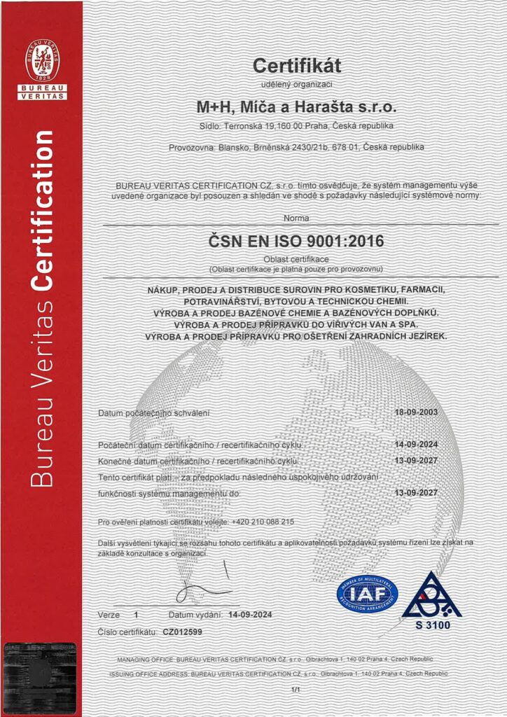 Сертифікат ISO 9001:2016 № CZ012599 компанії M+H, Míča a Harašta s.r.o., виданий Bureau Veritas, чинний до 13.09.2027, чеською мовою