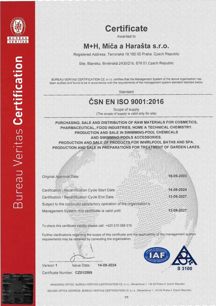Сертифікат ISO 9001:2016 № CZ012599 компанії M+H, Míča a Harašta s.r.o., виданий Bureau Veritas, чинний до 13.09.2027, англійською мовою